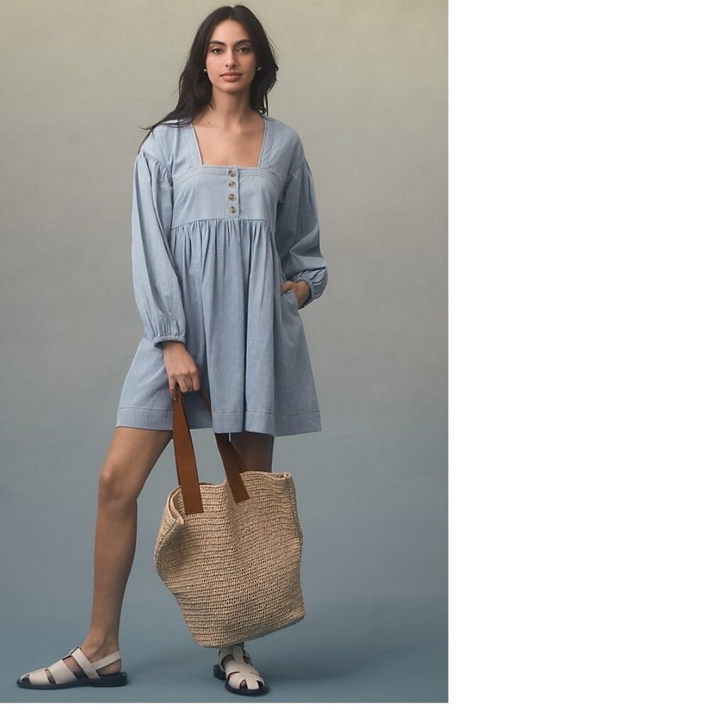 NEW By Anthropologie Long-Sleeve Square-Neck Denim Babydoll Mini Dress size S - Picture 4 of 7